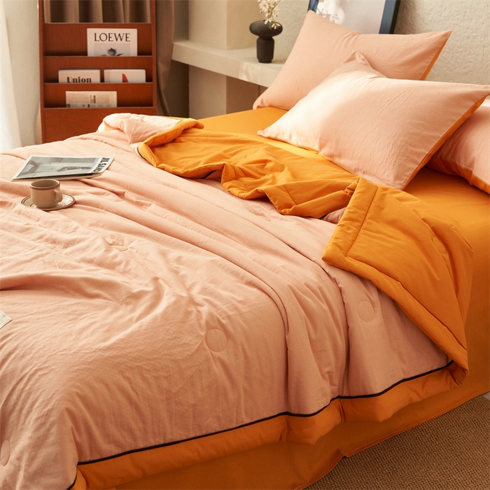 91家纺网 家纺一手货源 找家纺 2025新款新款A类纯棉双层纱大豆夏被四件套全棉空调被 蜜桔