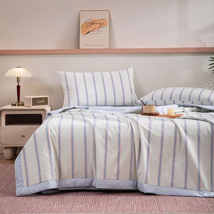 91家纺网 家纺一手货源 找家纺 吾诺 2025 全棉色织水洗棉夏被大豆夏被四件套被子被芯空调被夏凉被 新彩条