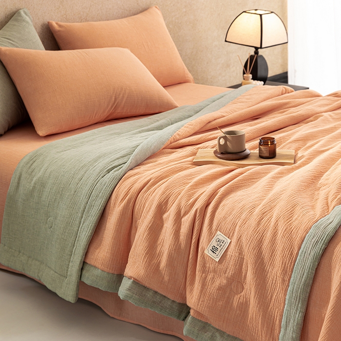 91家纺网 家纺一手货源 找家纺 吾诺 2025 纯色全棉泡泡双层纱夏被大豆夏被子被芯夏被四件套夏凉被空调被 日落桔