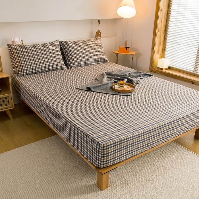 91家纺网 家纺一手货源 找家纺 柠萌家居 2025新款A类全棉色织水洗棉单床笠 灰黄小格