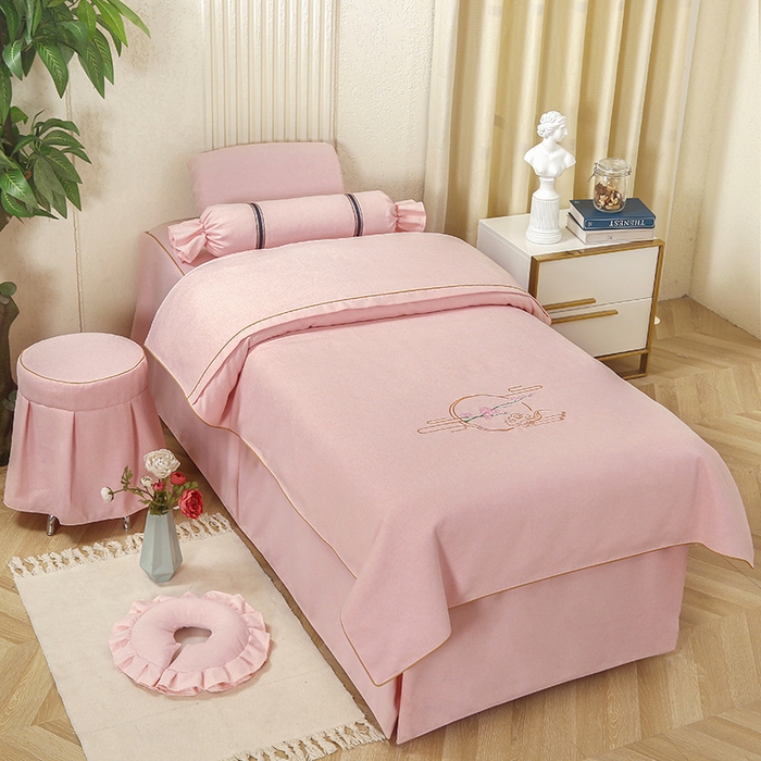 91家纺网 家纺一手货源 找家纺 芙怡 2025春夏新款8023款棉麻绒美 容床罩-花颜系列 花颜-粉