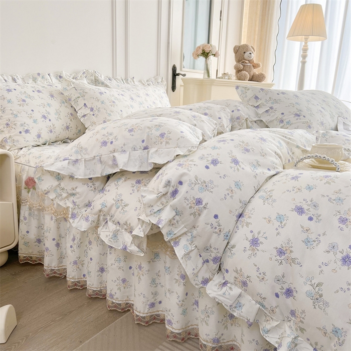 91家纺网 家纺一手货源 找家纺 十个点 2025新款全棉纯棉蕾丝花边床裙四件套 花小莱-紫