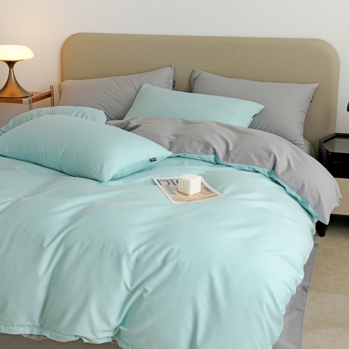 91家纺网 家纺一手货源 找家纺 2025年纯色双拼60支纯棉被套 婴儿蓝+浅灰