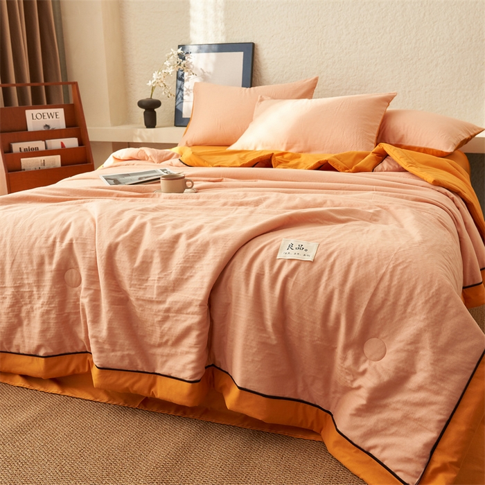 91家纺网 家纺一手货源 找家纺 2025新款新款A类纯棉双层纱大豆夏被四件套全棉空调被 蜜桔