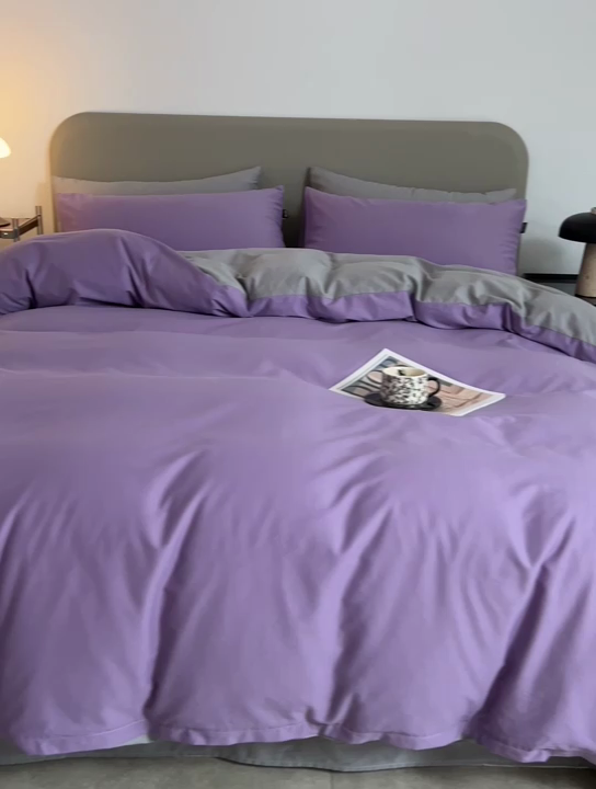 91家纺网 家纺一手货源 找家纺 2025年纯色双拼60支纯棉被套 丁香紫+浅灰