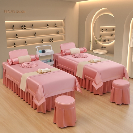 芙怡 2025春夏新款8028款冰丝绒美 容床罩-一字绣系列 一字绣-粉玉色