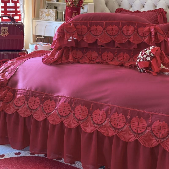 91家纺网 家纺一手货源 找家纺 （总）亲亲公主 2025新款100S全棉长绒棉蕾丝双喜大红婚庆套件（送蝴蝶结）