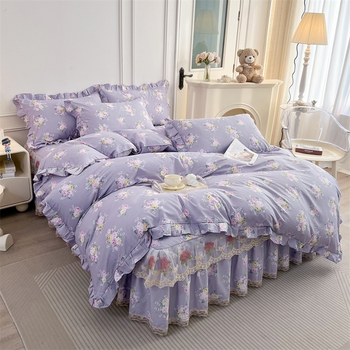 91家纺网 家纺一手货源 找家纺  十个点 2025新款全棉纯棉蕾丝花边床裙 花苒-紫