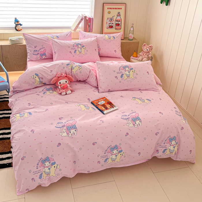 91家纺网 家纺一手货源 找家纺 博雅 2025新款三丽鸥卡通全棉印花小版四件套 小爱心美乐蒂