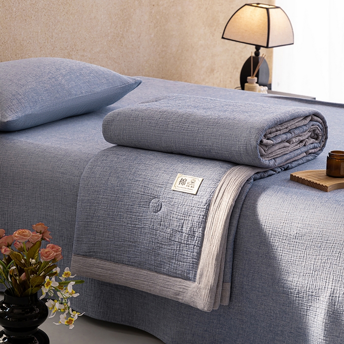 91家纺网 家纺一手货源 找家纺 吾诺 2025 纯色全棉泡泡双层纱夏被大豆夏被子被芯夏被四件套夏凉被空调被 复古蓝