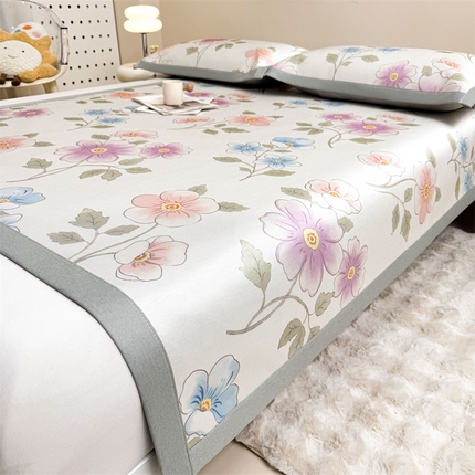 雯豆2025夏季新品冰藤印花凉席三件套平铺绑带款冰丝凉席三件套 冰藤席-绑带款-出水芙蓉