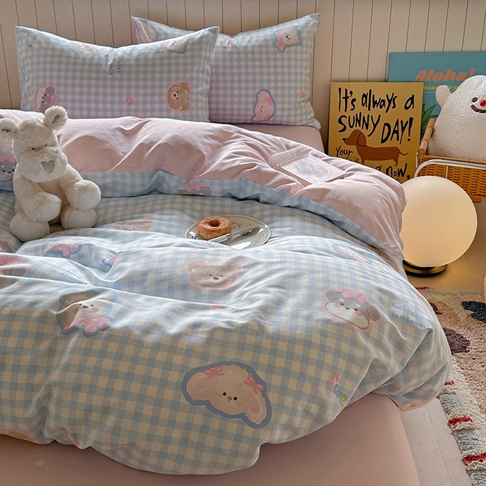 91家纺网 家纺一手货源 找家纺 麦伦家居 2025新品 全棉卡通小清新跑量款系列四件套 甜蜜小狗