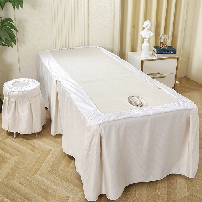 91家纺网 家纺一手货源 找家纺 芙怡 2025春夏新款8023款棉麻绒贴花美 容床罩-花漾系列 花漾-白