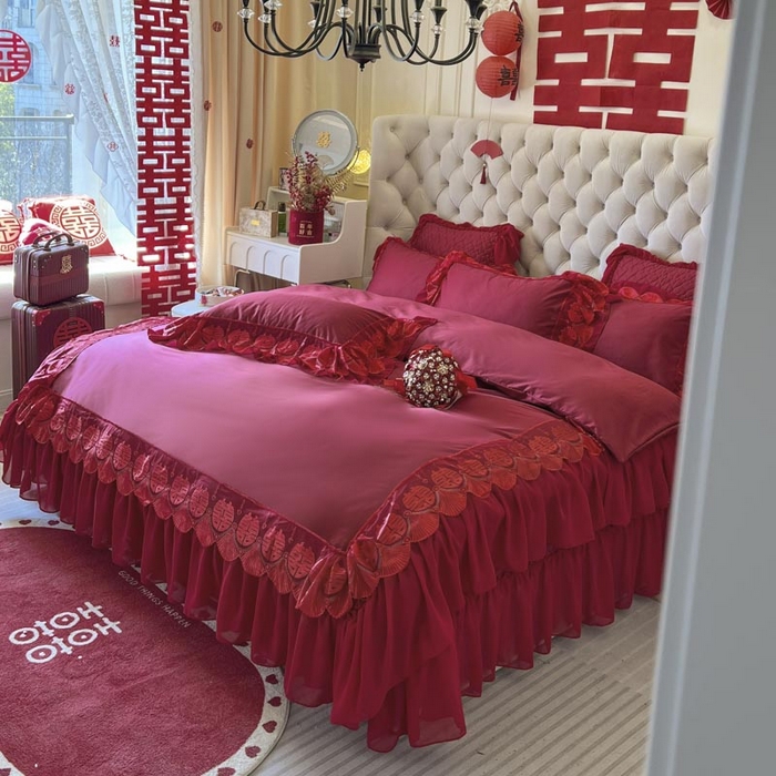 91家纺网 家纺一手货源 找家纺 （总）亲亲公主 2025新款100S全棉长绒棉蕾丝双喜大红婚庆套件（送蝴蝶结）