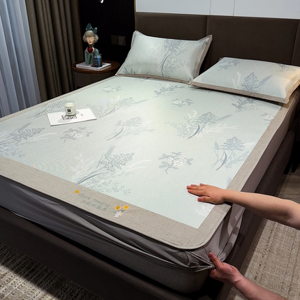 91家纺网 家纺一手货源 找家纺 （总）摩妮卡 2025新款数码印花凉席冰藤席床笠款三件套