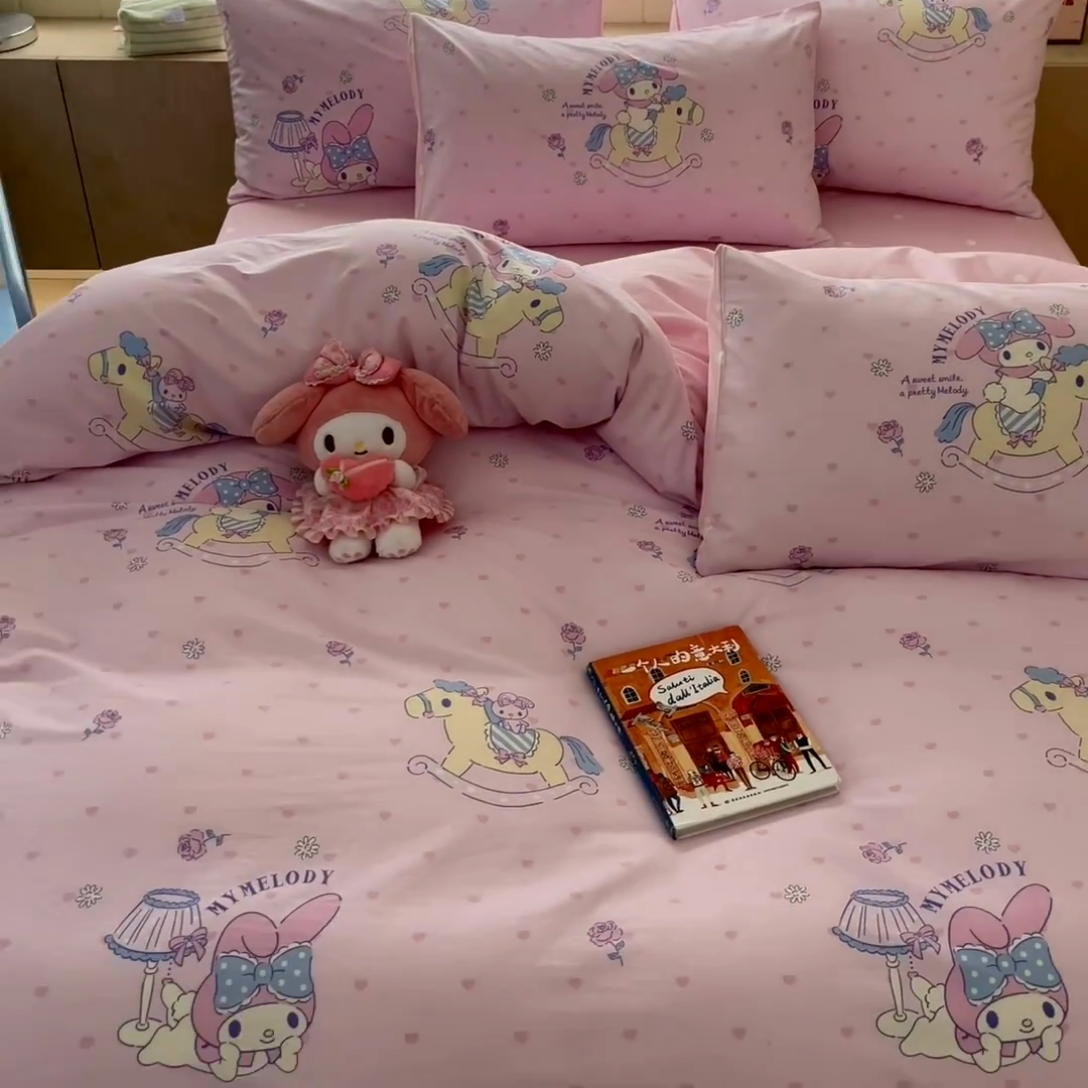 91家纺网 家纺一手货源 找家纺 博雅 2025新款三丽鸥卡通全棉印花小版四件套 小爱心美乐蒂