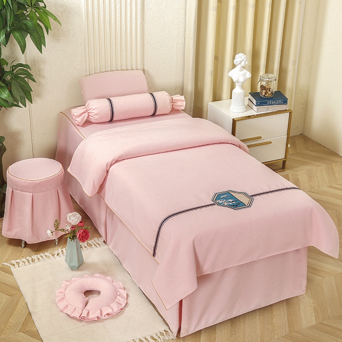 91家纺网 家纺一手货源 找家纺 芙怡 2025春夏新款8023款棉麻绒贴花美 容床罩-花漾系列 花漾-粉