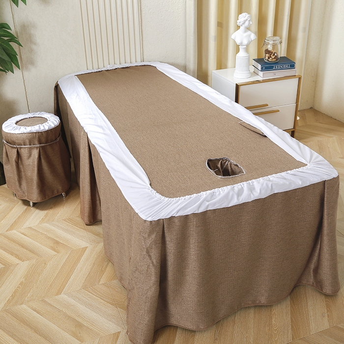 91家纺网 家纺一手货源 找家纺 芙怡 2025春夏新款8023款棉麻绒贴花美 容床罩-花漾系列 花漾-浅咖