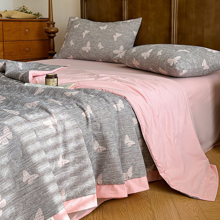 91家纺网 家纺一手货源 找家纺 吾诺 2025 全棉色织提花三层纱大豆夏被全棉夏被子被芯空调被夏凉被 蝶舞-粉