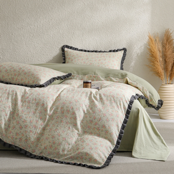 91家纺网 家纺一手货源 找家纺 2025新款A类纯棉双层纱皱皱纱花边四件套（复古风） 清逸