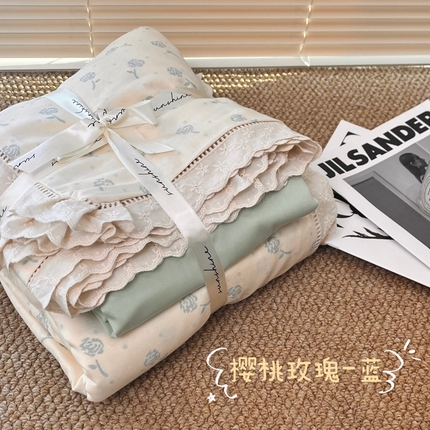 荣轩家居 2025新款全棉双层纱镂空花边工艺款四件套樱桃玫瑰-蓝