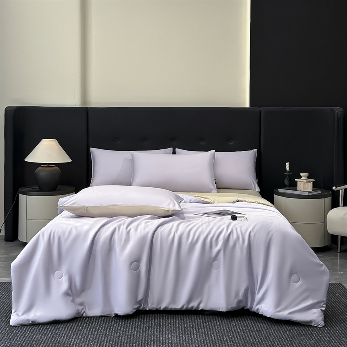 91家纺网 家纺一手货源 找家纺 金鹰 2025新款A类莱赛尔50天丝拼色空调被大豆夏被四件套 优雅紫