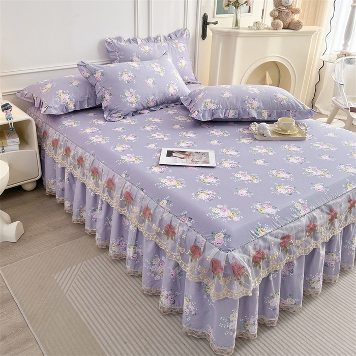 91家纺网 家纺一手货源 找家纺  十个点 2025新款全棉纯棉蕾丝花边床裙 花苒-紫