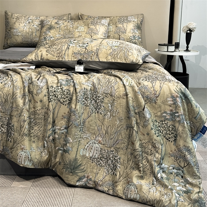 91家纺网 家纺一手货源 找家纺 笙意家纺  2025新款水洗真丝数码印花暗盒款夏被 菲尔德-灰