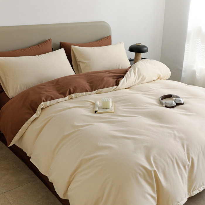 91家纺网 家纺一手货源 找家纺 2025年纯色双拼60支纯棉被套 奶白+亚麻咖