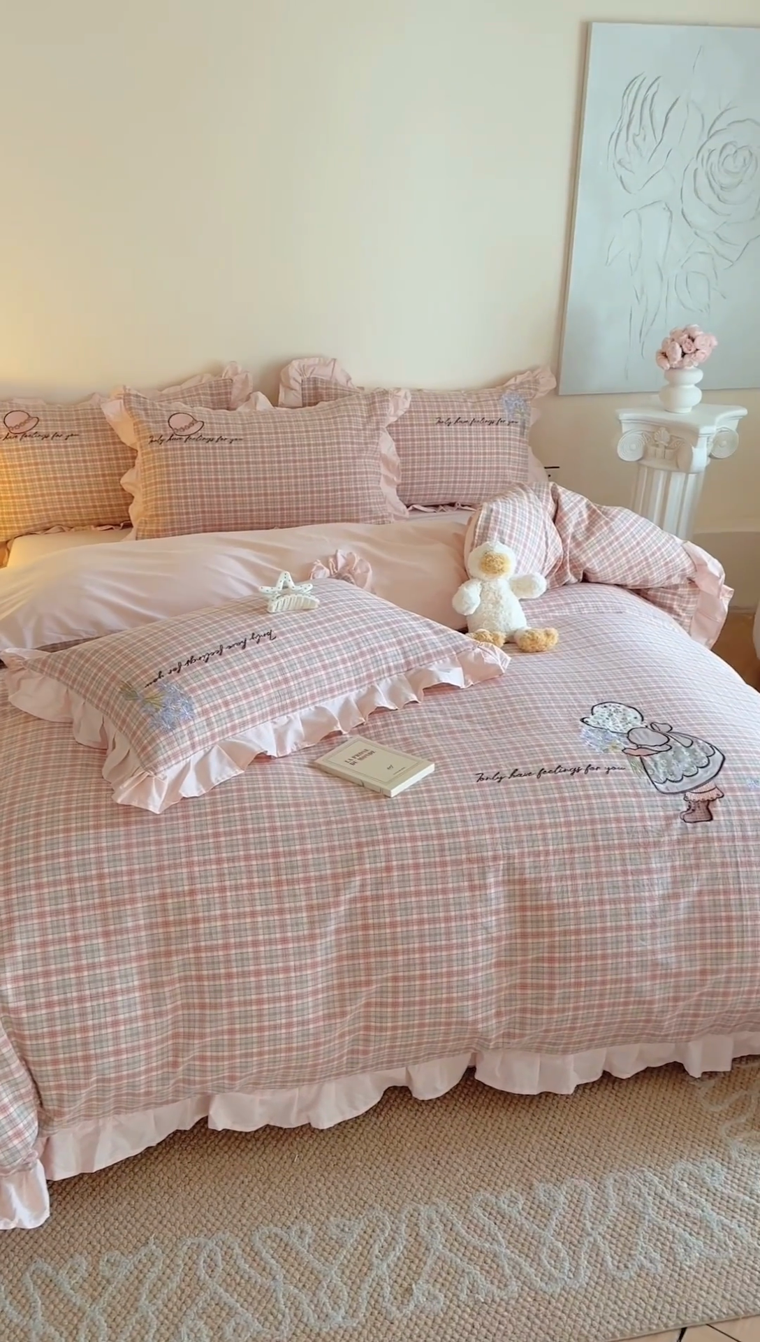 91家纺网 家纺一手货源 找家纺 蜜柚 2025新款色织水洗棉贴布花边款四件套-童趣 童趣-洋气红