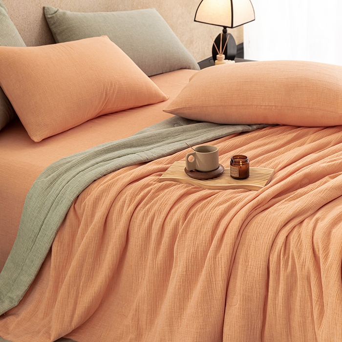 91家纺网 家纺一手货源 找家纺 吾诺 2025 纯色全棉泡泡双层纱夏被大豆夏被子被芯夏被四件套夏凉被空调被 日落桔