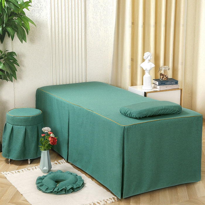 91家纺网 家纺一手货源 找家纺 芙怡 2025春夏新款8023款棉麻绒美 容床罩-花颜系列 花颜-墨绿