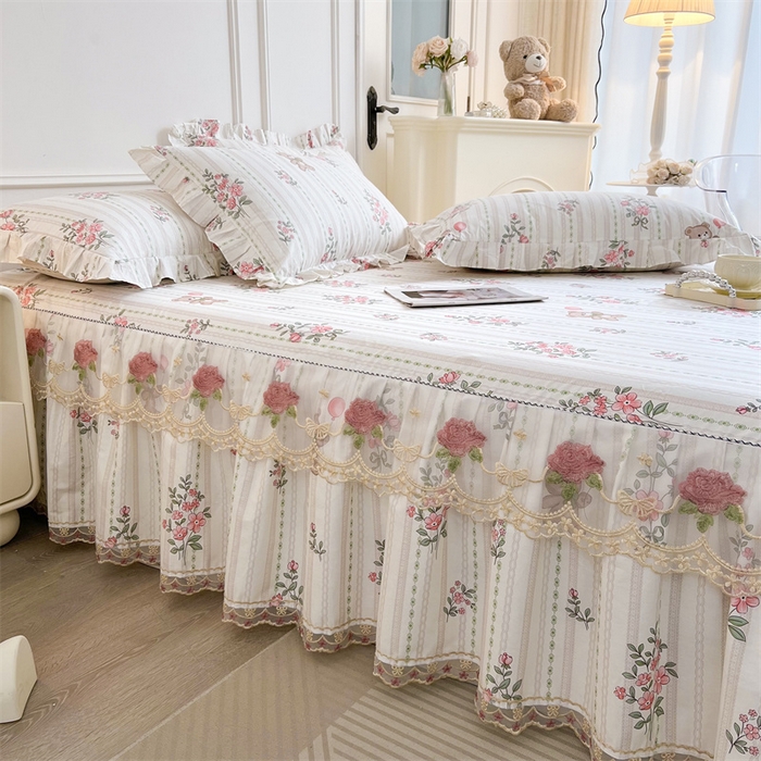 91家纺网 家纺一手货源 找家纺 十个点 2025新款全棉纯棉蕾丝花边床裙四件套 米朵熊