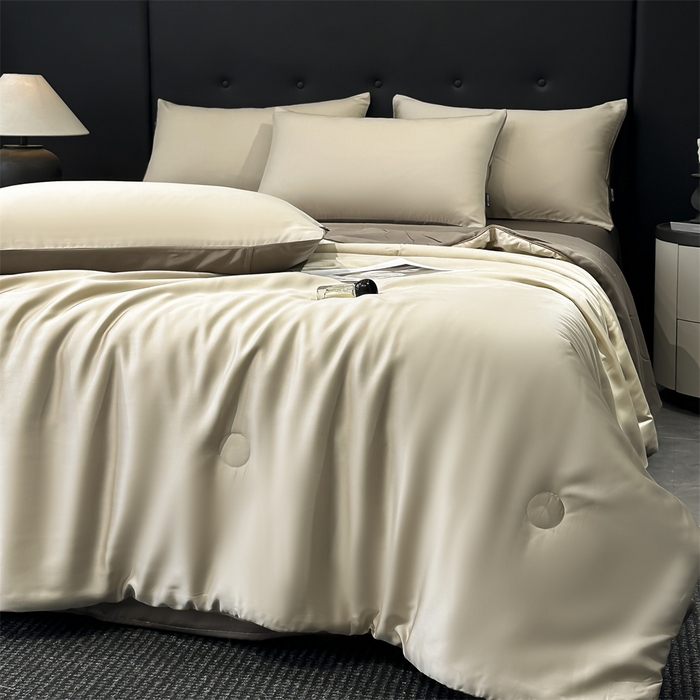 91家纺网 家纺一手货源 找家纺 金鹰 2025新款A类莱赛尔50天丝拼色空调被大豆夏被四件套 香槟金