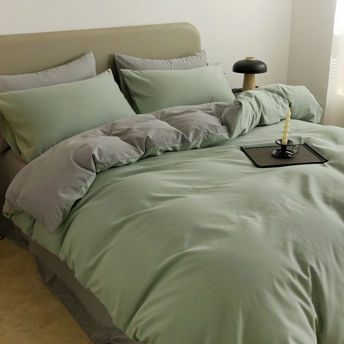 91家纺网 家纺一手货源 找家纺 2025年纯色双拼60支纯棉被套 抹茶绿+浅灰