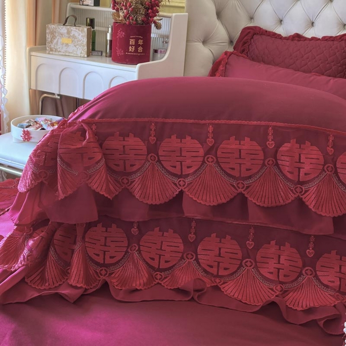 91家纺网 家纺一手货源 找家纺 （总）亲亲公主 2025新款100S全棉长绒棉蕾丝双喜大红婚庆套件（送蝴蝶结）