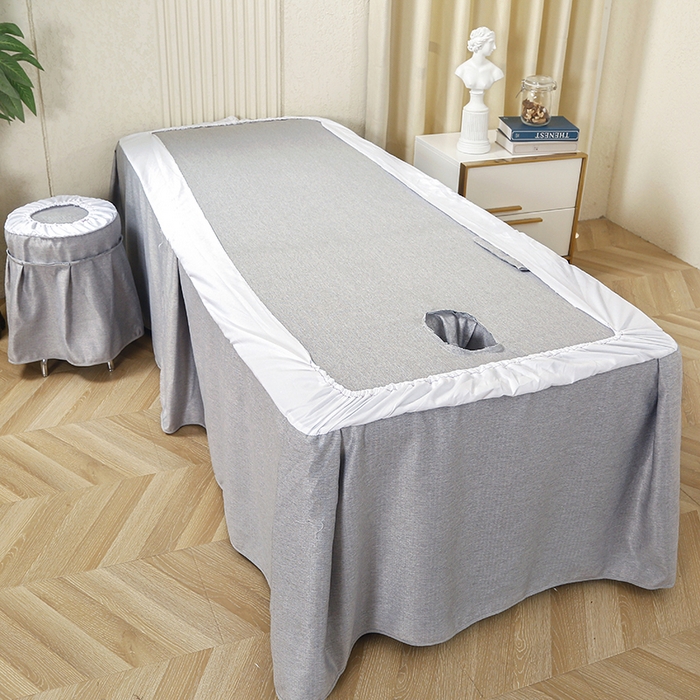 91家纺网 家纺一手货源 找家纺 芙怡 2025春夏新款8023款棉麻绒贴花美 容床罩-花漾系列 花漾-灰