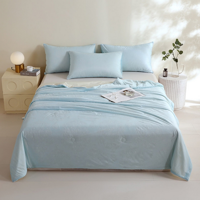 91家纺网 家纺一手货源 找家纺 品乐家纺 2025新款凉感A类可水洗抗菌冰冰被夏被夏凉被空调被被子被芯 冰冰被蓝纹+米