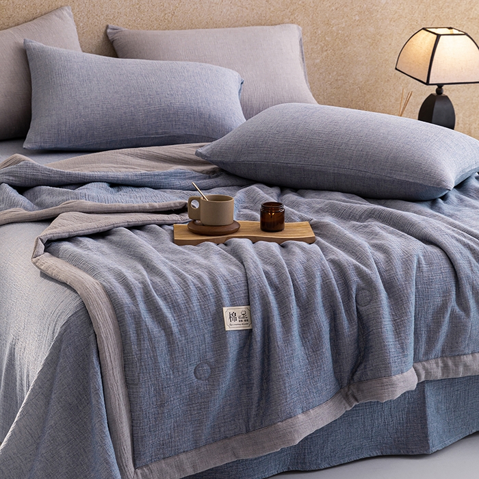 91家纺网 家纺一手货源 找家纺 吾诺 2025 纯色全棉泡泡双层纱夏被大豆夏被子被芯夏被四件套夏凉被空调被 复古蓝