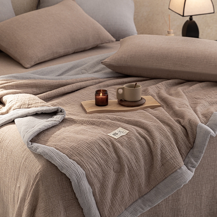 91家纺网 家纺一手货源 找家纺 吾诺 2025 纯色全棉泡泡双层纱夏被大豆夏被子被芯夏被四件套夏凉被空调被 奶茶棕