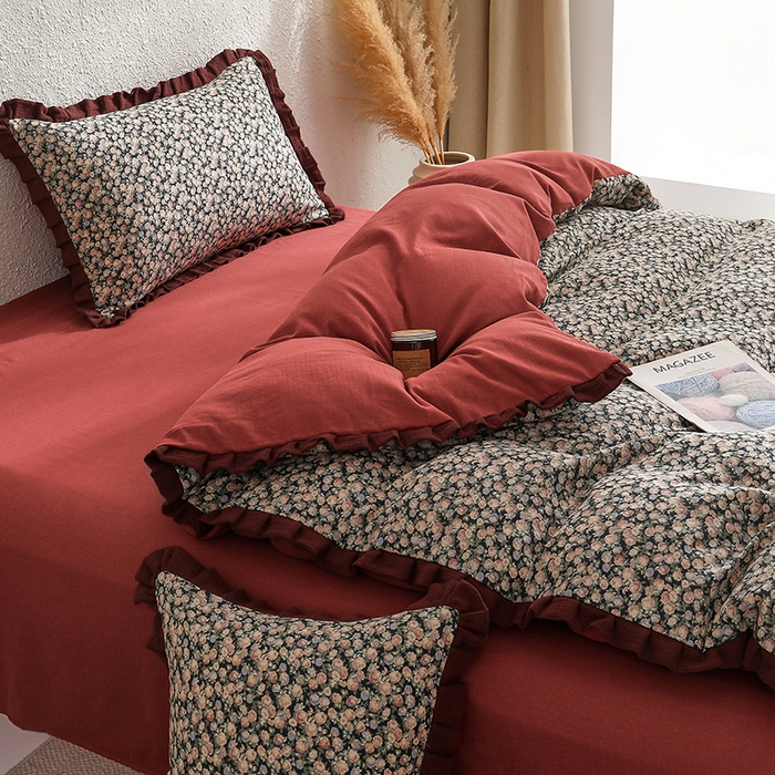 91家纺网 家纺一手货源 找家纺 2025新款A类纯棉双层纱皱皱纱花边四件套（复古风） 虞美人