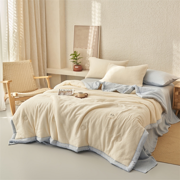 91家纺网 家纺一手货源 找家纺 金鹰2025新款A类纯棉皱皱纱大豆夏被四件套全棉夏凉被空调被 皱皱纱-米黄
