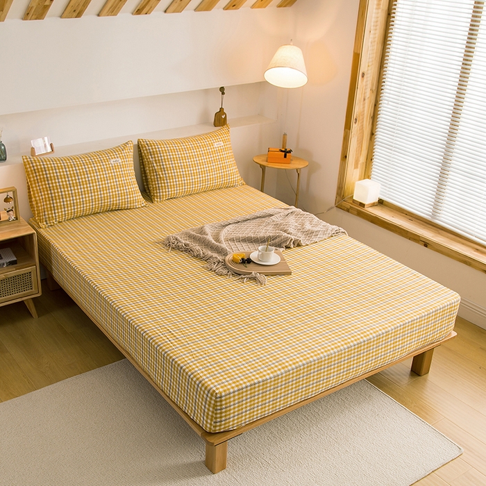 91家纺网 家纺一手货源 找家纺 柠萌家居 2025新款A类全棉色织水洗棉单床笠 姜黄小格