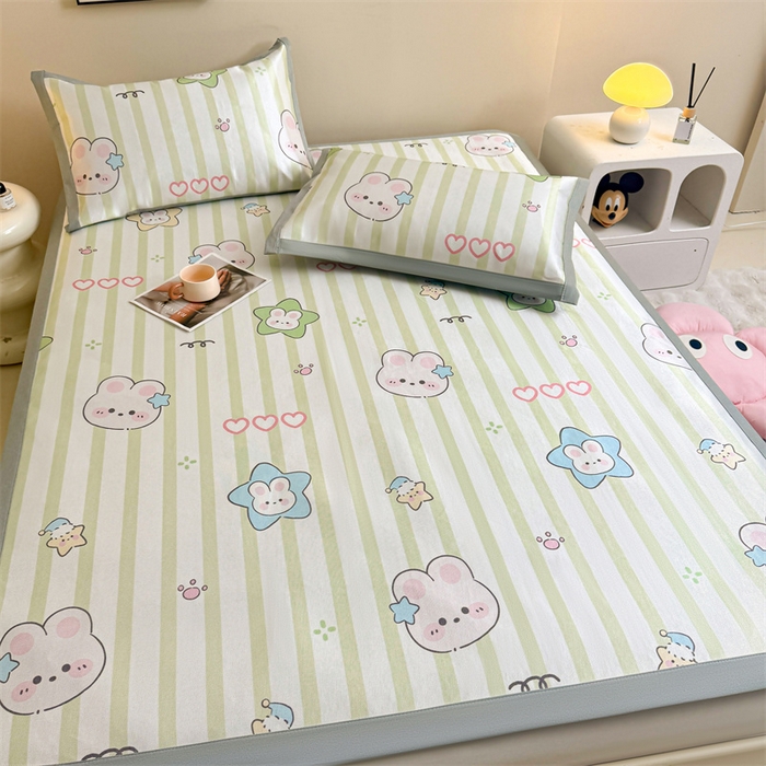 91家纺网 家纺一手货源 找家纺 雯豆2025夏季新品冰藤印花凉席三件套平铺绑带款冰丝凉席三件套 冰藤席-绑带款-阳光兔