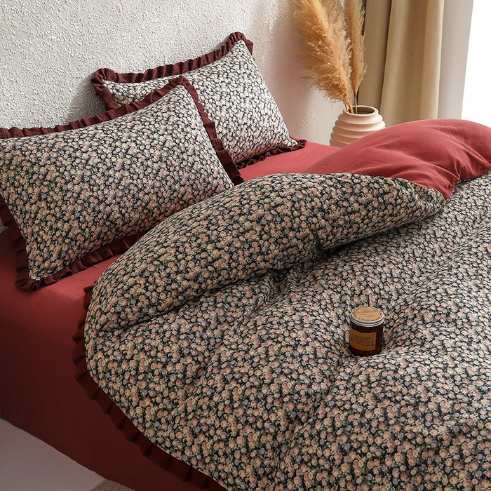 91家纺网 家纺一手货源 找家纺 2025新款A类纯棉双层纱皱皱纱花边四件套（复古风） 虞美人