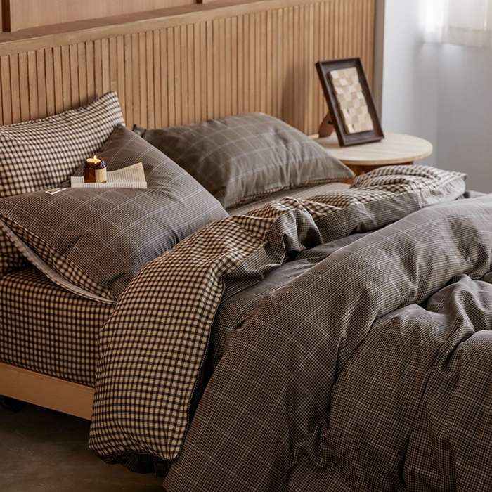 91家纺网 家纺一手货源 找家纺 安莱生活 2025 全棉双层纱苏格兰格纹系列四件套 格林格