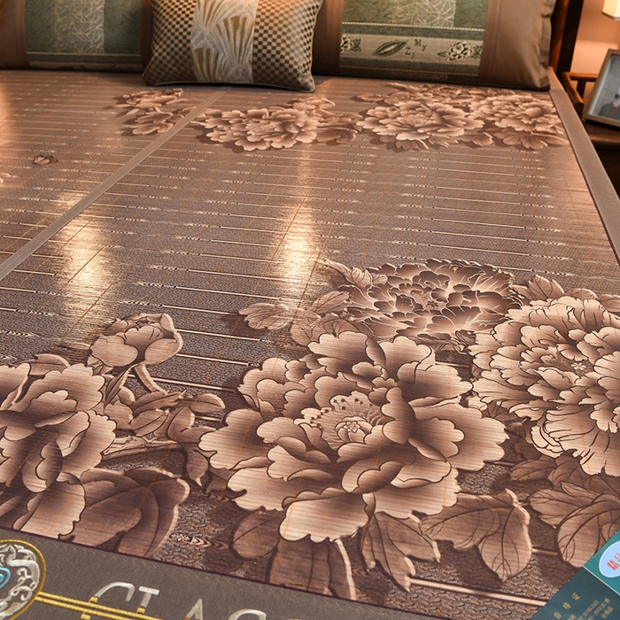 91家纺网 家纺一手货源 找家纺 苏迪凉席竹席2025新款竹席凉席冰丝席碳化双面印花藤草席 富贵花开-浅灰