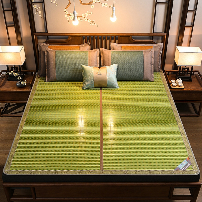 91家纺网 家纺一手货源 找家纺 苏迪凉席竹席2025新款竹席凉席冰丝席碳化双面印花藤草席 绿木纹