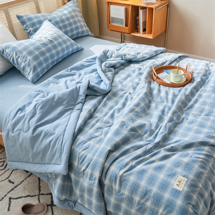91家纺网 家纺一手货源 找家纺 2025新款A类纯棉水洗棉色织棉花夏被四件套全棉空调被夏凉被 海蓝格