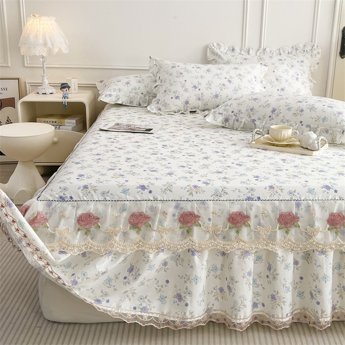 91家纺网 家纺一手货源 找家纺 十个点 2025新款全棉纯棉蕾丝花边床裙四件套 花小莱-紫